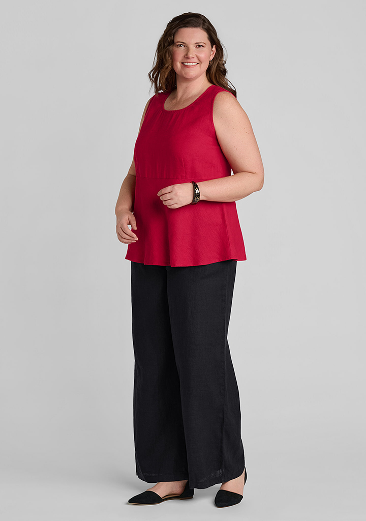 FLAX linen tank top in red with linen pants in black