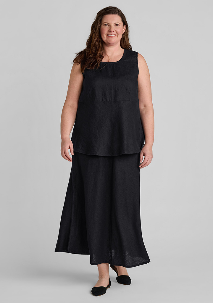 FLAX linen tank top in black with linen skirt in black
