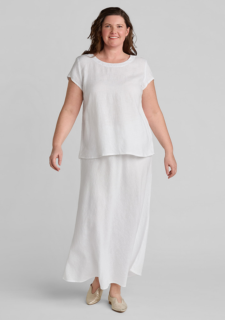 FLAX linen tee shirt in white with linen skirt in white
