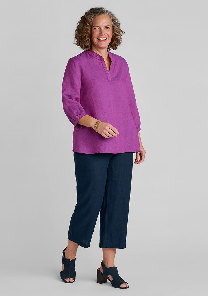 FLAX linen shirt in purple with linen pants in blue