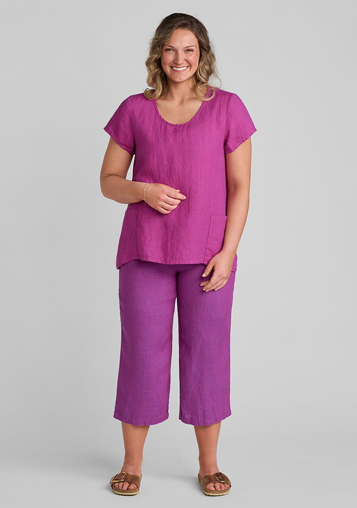FLAX linen tee shirt in pink with linen pants in purple