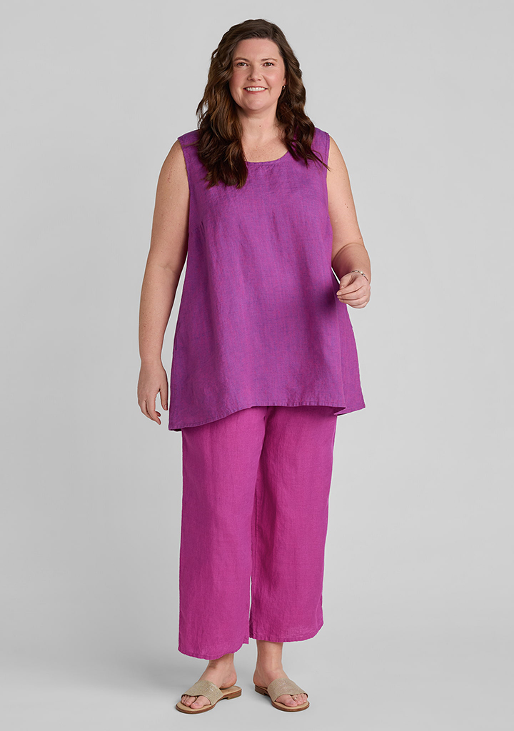 FLAX linen tank top in purple with linen pants in pink