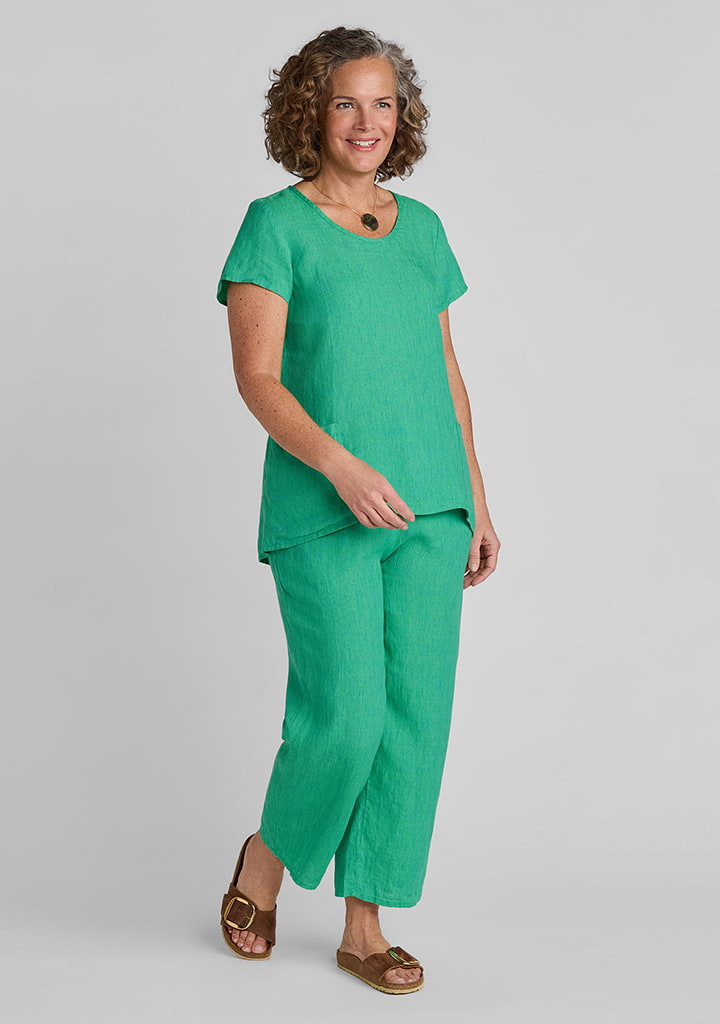 FLAX linen tee shirt in green with linen pants in green
