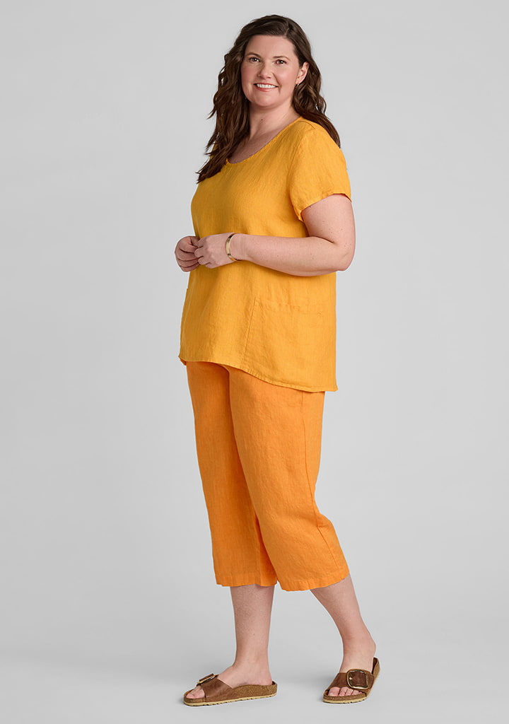 FLAX linen tee shirt in orange with linen pants in orange