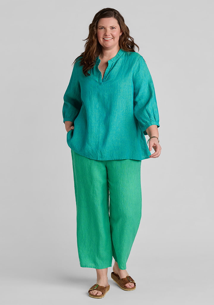 FLAX linen shirt in green with linen pants in green