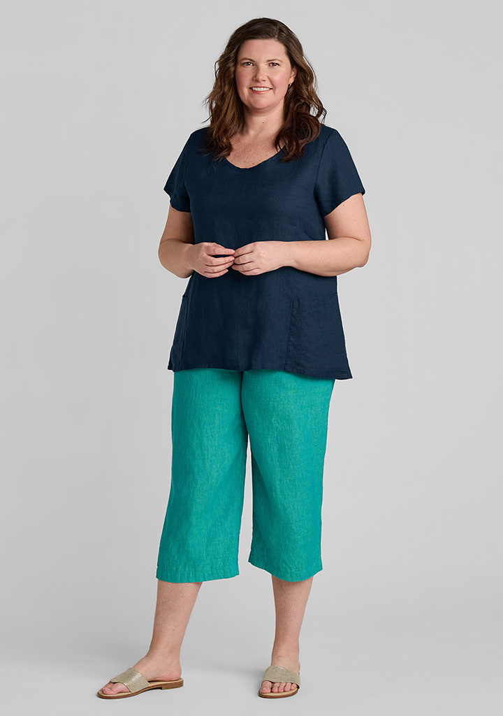 FLAX linen tee shirt in blue with linen pants in green