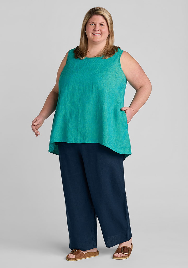 FLAX linen tank top in green with linen pants in blue
