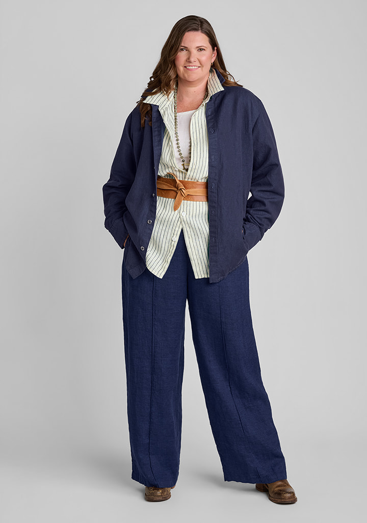 FLAX women's linen outfit featuring Denim Shirt in Indigo Denim, Summer Shirt in Seaside Buttercup, Fundamental Tank in White, Pintucked Trouser in Navy Suiting