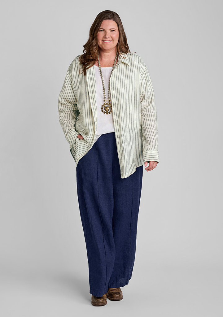 FLAX women's linen outfit featuring Summer Shirt in Seaside Buttercup, Fundamental Tank in White, Pintucked Trouser in Navy Suiting