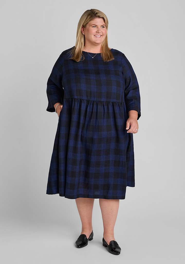 FLAX women's linen outfit featuring Jolie Dress in Navy Plaid