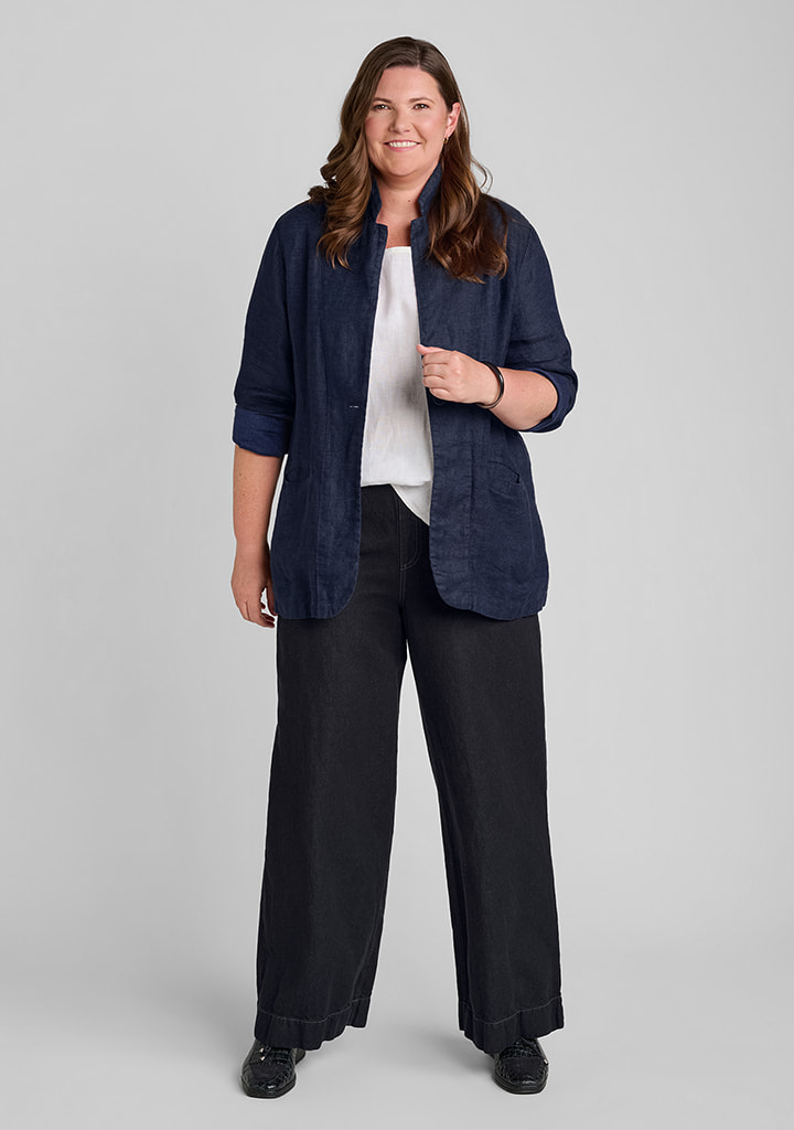 FLAX women's linen outfit featuring Kates Blazer in Navy Melange, Fundamental Tee in White, Trouser in Black Denim