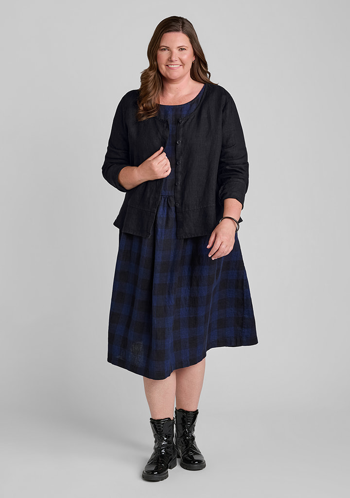 FLAX women's linen outfit featuring Jolly Jacket in Black, Jolie Dress in Navy Plaid