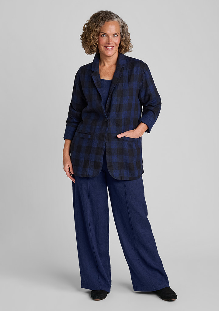 FLAX women's linen outfit featuring Kates Blazer in Navy Plaid, Peplum Pullover in Navy Suiting, Pintucked Trouser in Navy Suiting