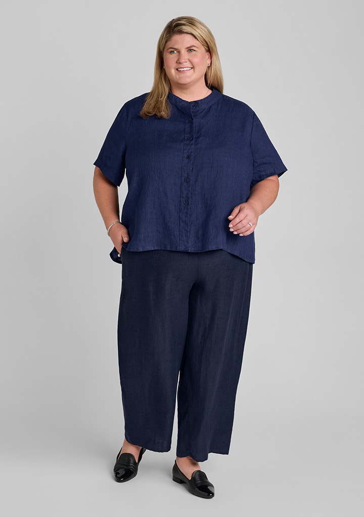 FLAX women's linen outfit featuring Zdenka Blouse in Navy Suiting, Floods in Navy Melange