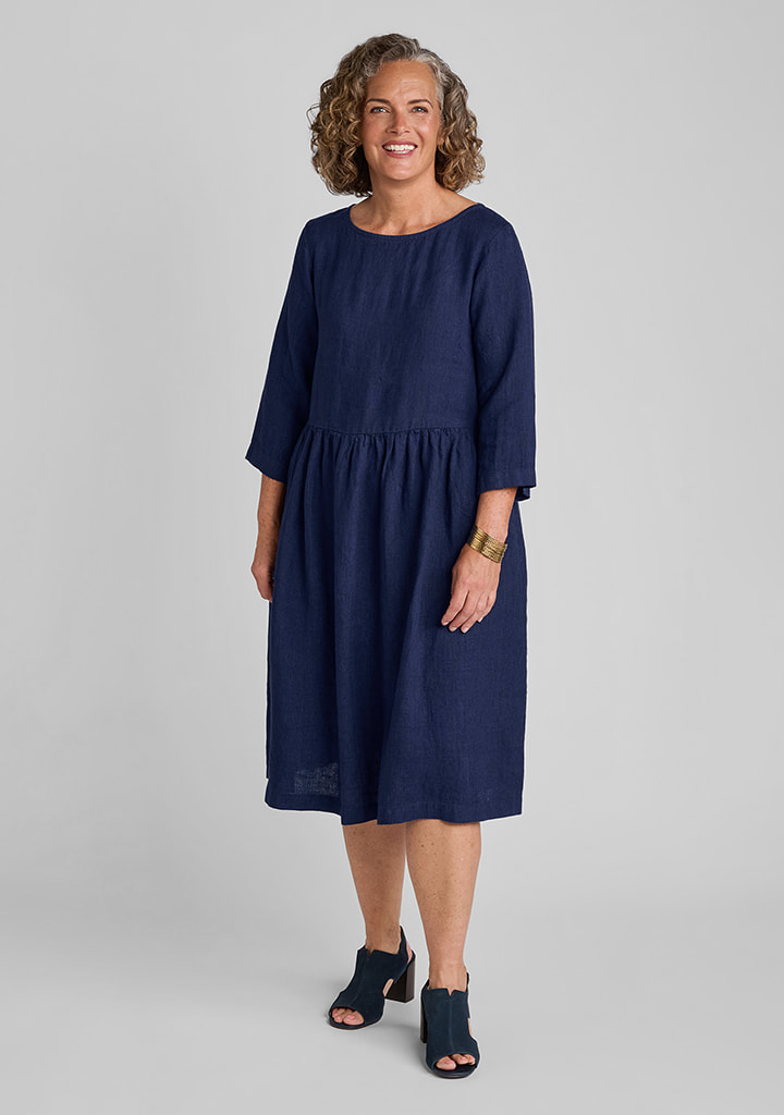 FLAX women's linen outfit featuring Jolie Dress in Navy Suiting