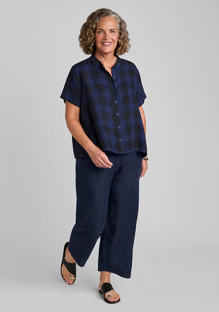 FLAX women's linen outfit featuring Zdenka Blouse in Navy Plaid, Floods in Navy Melange